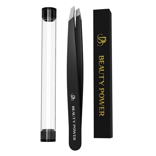 Beauty Power Professional Ultra-Precision Slant Tweezers for Women Facial Hair - German Stainless Steel, Tweezers for Men & Women, Black Eyebrow Tweezer for Ingrown Hair - Black