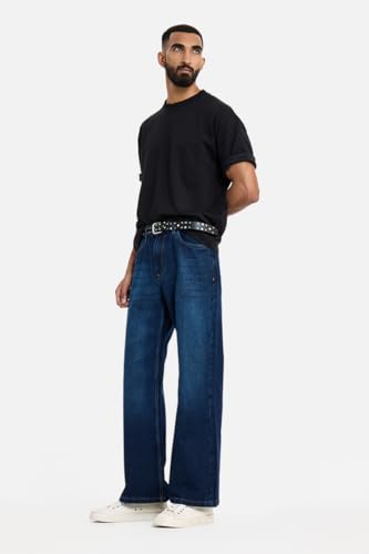 Image of SNITCH Men Flared Fit Jeans | Mid Rise Stone-Washed Denim with Raw Frayed Hem & 5-Pocket Design | 100% Cotton Woven Fabric for Casual & Everyday Wear