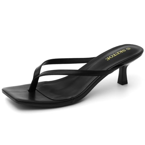 SKETOE Kitten Heels for Women Square Toe Sandals Flip Flop Heels Thong Sandals Comfortable Summer 2 Inch Heels Sandals Black