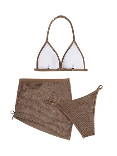 Image of WDIRARA Girl's 3 Piece Swimsuits Crochet Halter Bikini Set Bathing Suits with Cover Up Skirt Coffee Brown 9Y