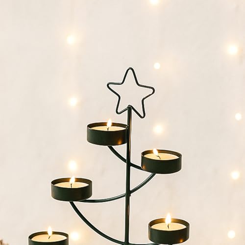 Image of MARKET 99 Star T-Lite Holder with 6 Wax T-Lites Included - Green Metal Xmas & Christmas Tree Star Design Glossy Candle Holder for Home, Living Room, Bedroom & Festival Decor