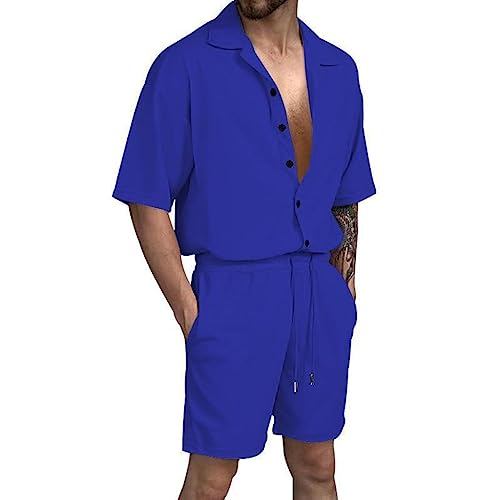 FaroLy Men 2 Piece Outfits Summer Tracksuit Button Down Short Sleeve Polo Shirt and Shorts Set Casual Sport Suit3