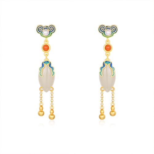 Hetian Jade Pearl S Pendientes Colgantes Largos para Mujer – Pendientes Colgantes con Borla de Calabaza esmaltada, Pendientes de enhebrador para Adolescentes y niñas, Fiesta de cumpleaños de San