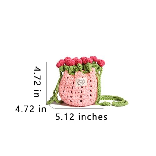 Handmade Crochet Rose Drawstring Bag, Romantic Flower Bouquet Crossbody Purse for Women, Kawaii Floral Knit Satchel Handbag3