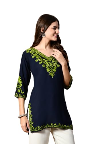 Image of LIBOZA Embroidered Kashmiri Tunic Top, Short Kurti for Women on Jeans, V-Neck, 3 /4 Sleeve, Floral Design,