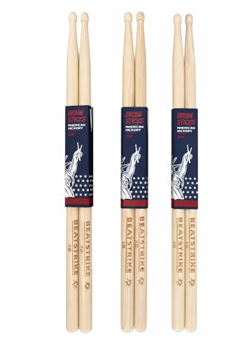 5B Drumsticks American Hickory 3 Pair Pack Durable Well-Balanced Drum Sticks for Practice Studio & Live Performance BEATSTRIKE