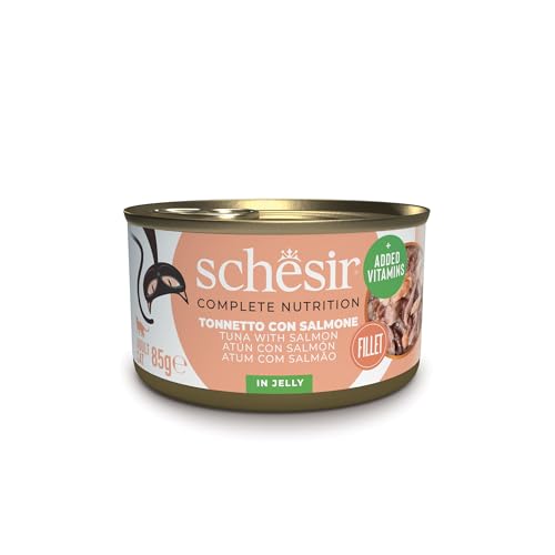 Schesir Atún con Salmón en Gelatina, Comida Húmeda para Gatos, en Latas, 100% Natural, con Vitaminas Añadidas, 12 x 85g