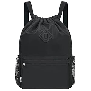 WANDF Drawstring Backpack Sports Gym Bag with Shoes Compartment, Water-Resistant String Backpack Cinch for Women Men (Large,Black)