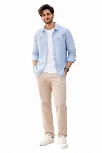 Image of Men's Cotton Blend Casual Wear with Bird Embroidery | Regular Fit Full Sleeve Button Down | Lightweight Summer Style for Daily, Office & Party