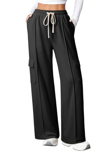 Aleumdr Women's Wide Leg Cargo Sweatpants Casual Loose Pants Drawstring High Waisted Baggy Lounge Pants with Pockets