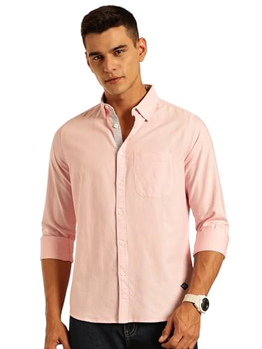 Thomas Scott Men's | Slim Fit | Long Sleeves | Solid | Button-Down Collar | 100% Cotton | Oxford Fabric | Casual | Shirt (TS1036_Pink_L)