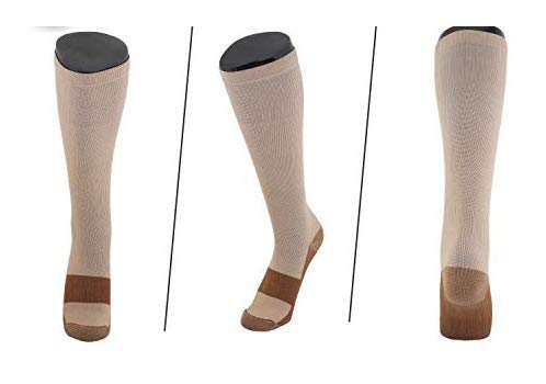 Compression Stockings Knee Length For Varicose Veins, Calf Pain, Plantar Fasciitis & Heel Pain, with Copper Infused Fibers (Skin, S/M)