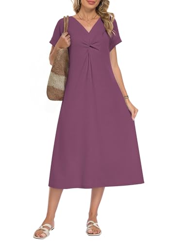 WNEEDU Women Summer Midi Dress Twist Front V Neck Short Sleeve Loose Casual Pockets,Mauve,L