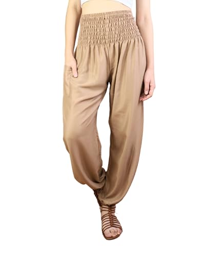 Boho Pants | Harem Pants Women with Pockets | Soft & Breathable Flowy Pajamas | Soft Yoga Pants| Hippie Clothes for Women(Solid Beige,L)