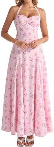EYNMIN Floral Maxi Summer Wedding Guest Dress Halter Flowy A Line...