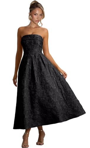 Strapless Bridesmaid Dresses for Women Wedding Guest Tea Length Jacquard Floral Prom Dress