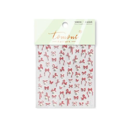 Image of Bow Nail Art Stickers 5D Embossed Nail Decals Self Adhesive Red Nail Sticker for Nail Art Pearl Design for Women Girls Supplies Nail Art Decorations Accessories