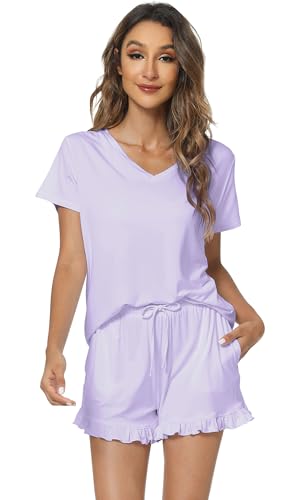 Image of WiWi Womens Pajamas Set Bamboo Viscose Super Soft Short Sleeve Top Ruffle Shorts Sleepwear Cooling Pj Sets S-XXL
