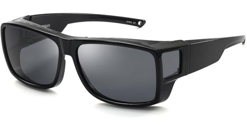 CAXMAN Fit Over Glasses Sunglasses Polarized Wrap Around Sunglasses with Side Window Shields for Men Women Full Protection Black Frames Grey Lens 100% UV Protection