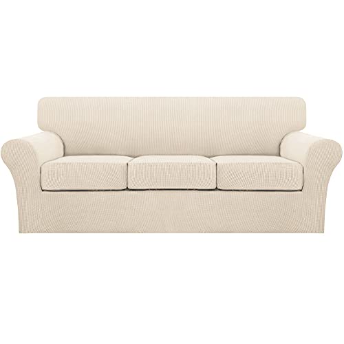 4 Piece Sofa Covers For 3 Cushion Couch Sofa Slipcover Soft Couch Cover For Dogs-Washable Sofa Furniture Covers With 3 Individual Cushion Covers, Feature Thick Jacquard Fabric (Large, Biscotti Beige)