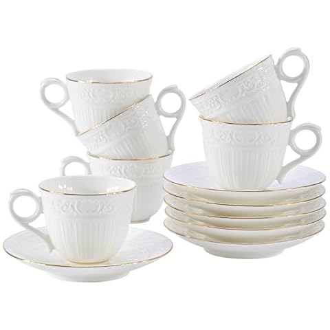 PULCHRITUDIE 3 Ounce Porcelain Espresso Cups & Saucers Set, Handcraft Golden Trim, Set of 6 Cover