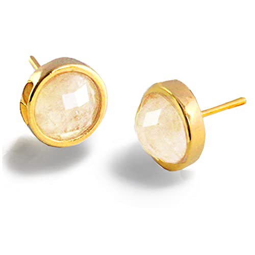 24K Gold Plated Gemstone Stud Earrings For Women | 10mm Round Stone Ear Studs