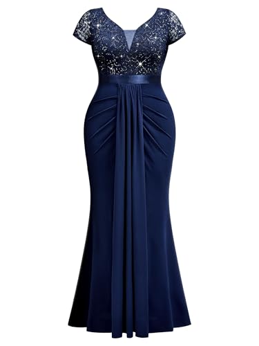 Image of MISSMAY Women's Plus Size Bridesmaid Formal Dresses V Neck Sequin Lace Mermaid Wedding Evening Gowns Dresses