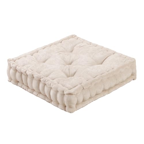 Image of Intelligent Design Floor Pillow, Large Cushion for Meditation, 20x20 Ivory | Square Floor Seating for Adults, Board Games or Yoga, Lustrous Chenille Tufted Cover, Handsewn Scalloped Edge
