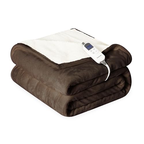 Heat Blanket 50”x60” Throw,Soft Flannel & Sherpa Reversible Electric Blanket with 10 Heat Settings,12 Timer Setting and 3 Hours Auto-Shut Off,ETL Certified Machine Washable,Dark Brown