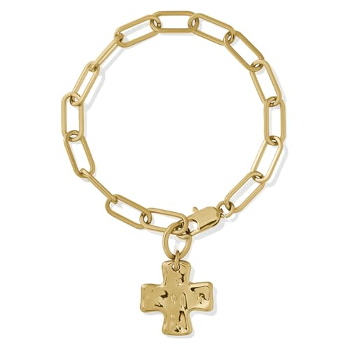 James Michelle Chunky Cross Chain Bracelet for Women 3-Year Color Guarantee Waterproof Non-Tarnish Hypoallergenic Gold PVD Coated Great for Beach Wedding Gifts 7.5 Length