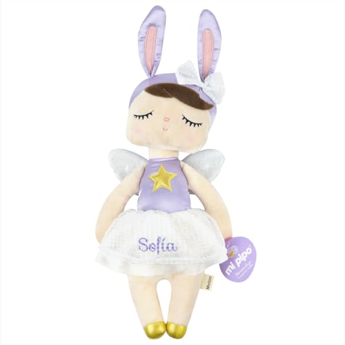 Mi Pipo - Muñeca de Trapo Personalizada MeToo | Muñeca de Trapo Bebe Personalizable con Nombre Bordado | Material Poliester, de 40cm | Regalo Bebe Fácil de Lavar y Cómoda | Ángel Lila