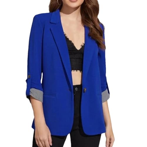 Women Lapel Pockets Blazer Roll-Up Sleeve Striped Patchwork Cuffs Single Button Solid Suit Coat