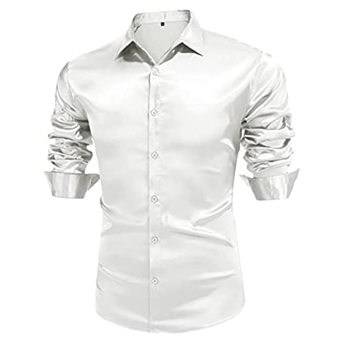 Men's Fashion Satin Solid Color Shirt Long Sleeve Shiny Muscle Dress Shirt Silk Casual Dance Party Tuxedo Shirt