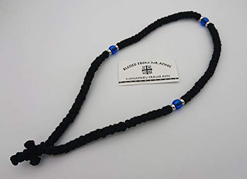 Image of Blessed Handmade 100 Knots Prayer Rope Greek Russian Komboskoini Christian Orthodox Black with Blue Beads and Black Cross from Mt Athos