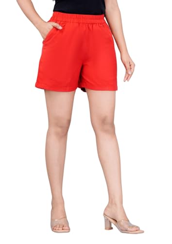 Image of Women's Cotton Regular Relaxed Fit Solid Print Design Thigh Length Casual Summer Running Yoga Gym Night Wear Shorts Elastic Waistband and Drawstring with Pocket