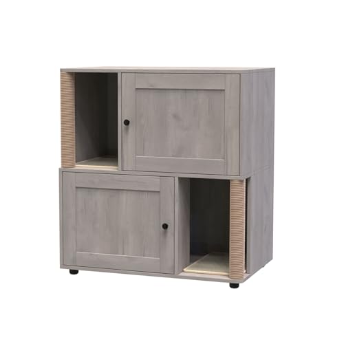Double Layer Cat Litter Box Enclosure for 2 Cats, Hidden Litter Box Furniture with Cat Scratching Post and Board, 2 Story Wooden Cats Washroom or Bed, Pet House End Table for Living Room Balcony