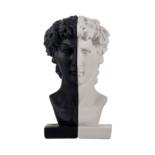 Lukitas David Head Decorative Bookends - Heavy Duty Non-Slip Book Holders, Classical Artistic Sculpture for Office Home Bookshelf Decor, Black & White Contrasting Color Pair, Resin 9.5''