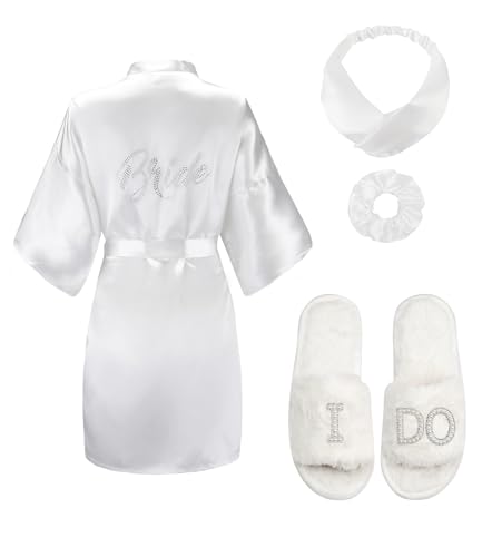 EPLAZA Bride Robe for Wedding Day Set with Slippers Bridal Robes Satin Robes Wedding Bachelorette Party Bridal Shower Gifts