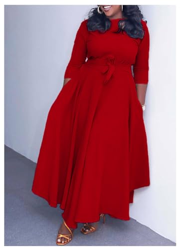 Image of Hostoyo Women Plus Size Formal A Line Maxi Dress Self Tie Waist with Pockets Elegant Round Neck Swing Long Dresses