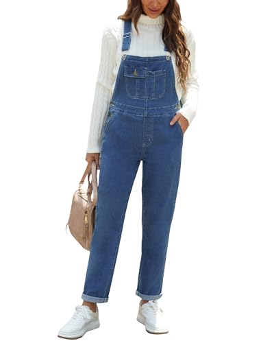 Roskiky Peto para mujer, vaquero, elástico, pierna recta, overall para mujer, corte regular, pantalones de mezclilla, cómodos, correas ajustables, azul, L