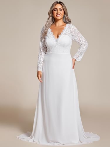Ever-Pretty Plus Women's V Neck Long Sleeve Lace Chiffon A Line Floor Length Plus Size Wedding Dress 01925-DA4