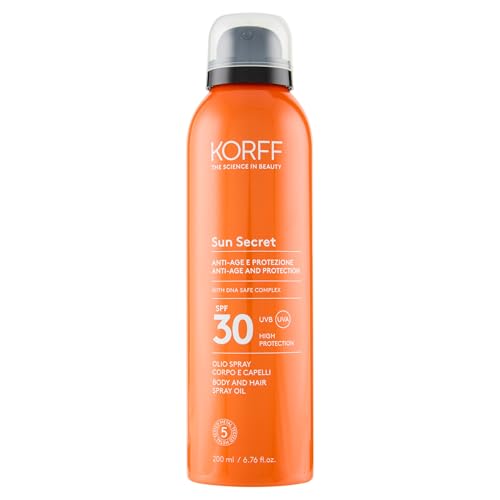 Korff Sun Secret Olio Spray Corpo e Capelli SPF30, Olio Solare Secco Effetto Lucente, Capelli Morbidi, Alta Protezione, Resistente all’acqua, 200ml