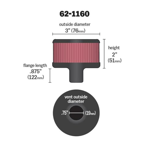 Image of K&N Vent Air Filter /Breather: High Performance, Premium, Washable, Replacement Engine Filter: Flange Diameter: 0.75 in, Filter Height: 2 in, Flange Length: 0.875 in, Shape: Breather, 62-1160