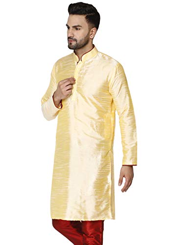 Image of Men's Art Silk Woven Design Long Kurta Mandarin Collar Straight Shirt