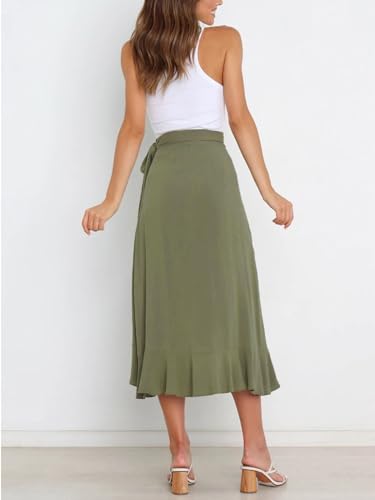 FEOYA Women's High Waisted Tie Wrap Midi Skirts Plain Ruffle Hem Split Maxi Wrap Skirts Casual Summer Beach Long Skirts Green S - Image 2