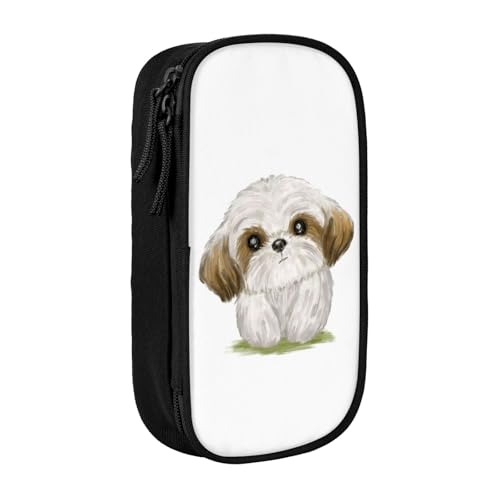 萌え シーズー 犬ペンケース 筆箱 文具ケース おしゃれ 筆袋 鉛筆ケース 鉛筆のサック 中高校生 軽量 収納バッグ 学生 子供 誕生日 入学ギフト 大容量 ダブルレイヤーBlack