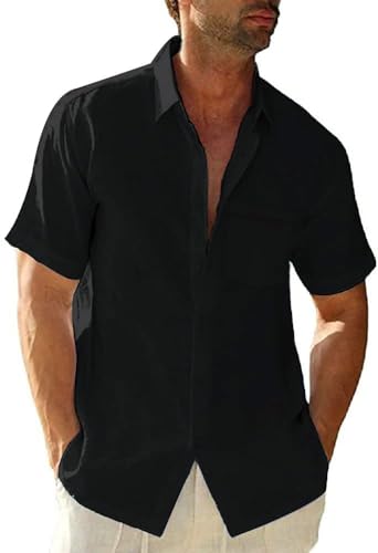 Glacspyg Leinenhemd Herren Kurzarmhemd Arbeit Freizeithemd Fitted Business Casual Urlaub Sommer Strand mit Tasche Schwarz 2XL