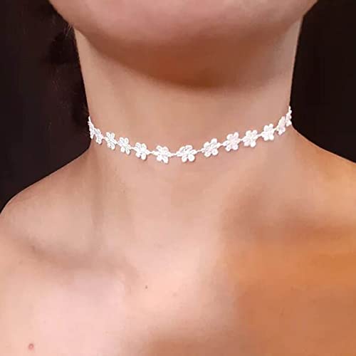 Boho Flower Lace Choker Necklace White Lace Tattoo Choker Necklace Daisy Flower Collarbone Necklace Retro 90s Choker Necklace Chain Jewelry for Women (White)2