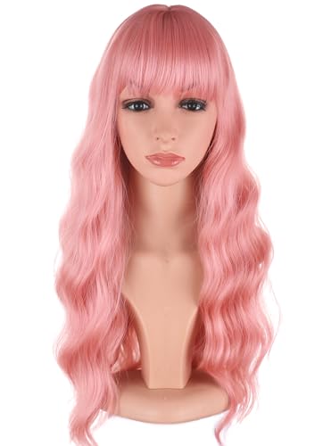 Pink Hair Wavy Wigs With Bangs For Women Synthetic Pink Wigs For Daily Use Everyday Wear.