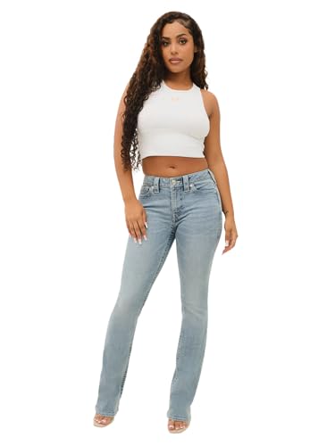 True Religion Women's Becca Mid Rise Bootcut Crystal Flap - Single Needle Stitching Peak Spot Jeans Pant